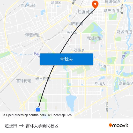 超强街 to 吉林大学新民校区 map