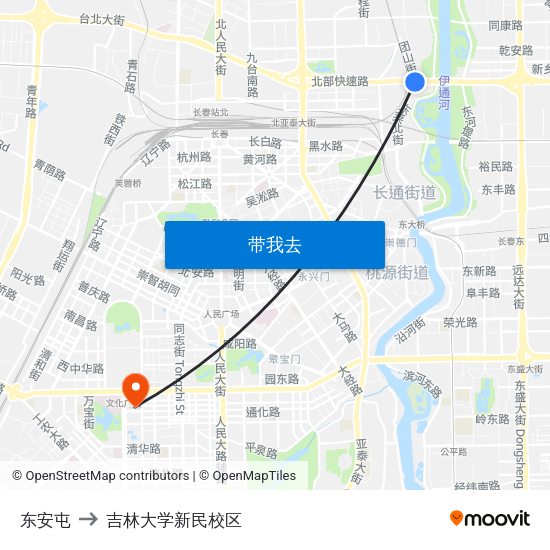 东安屯 to 吉林大学新民校区 map