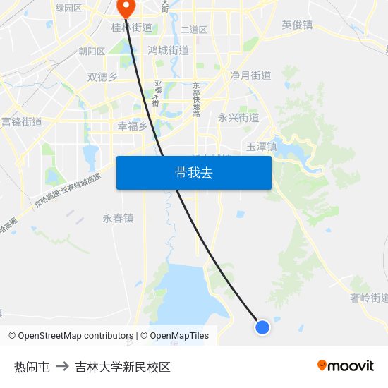热闹屯 to 吉林大学新民校区 map