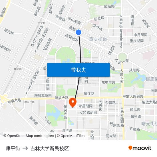 康平街 to 吉林大学新民校区 map