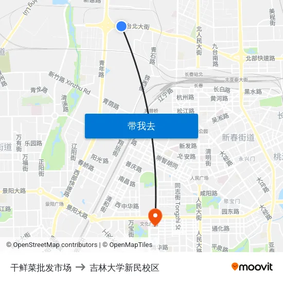 干鲜菜批发市场 to 吉林大学新民校区 map