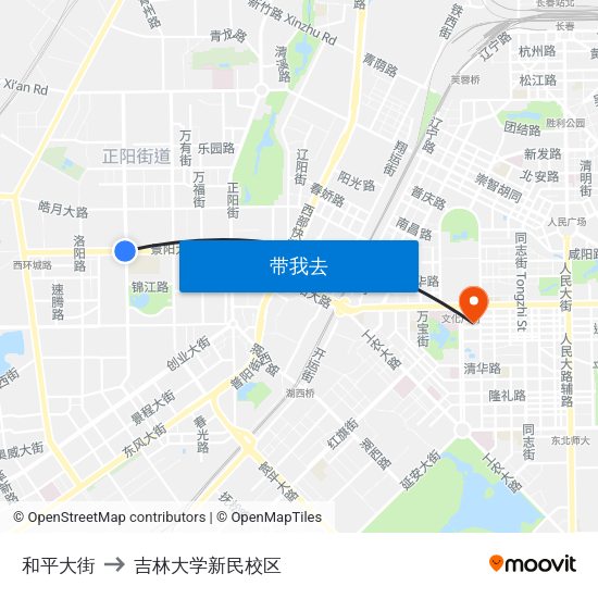 和平大街 to 吉林大学新民校区 map