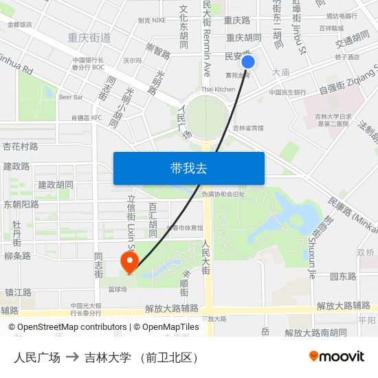 人民广场 to 吉林大学 （前卫北区） map
