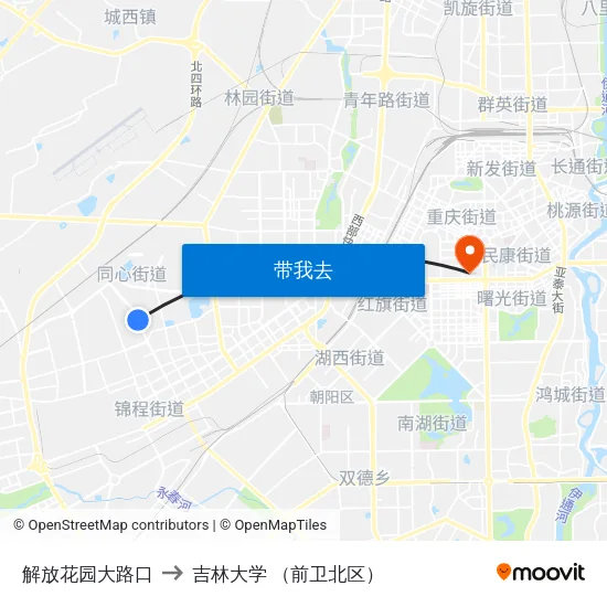解放花园大路口 to 吉林大学 （前卫北区） map