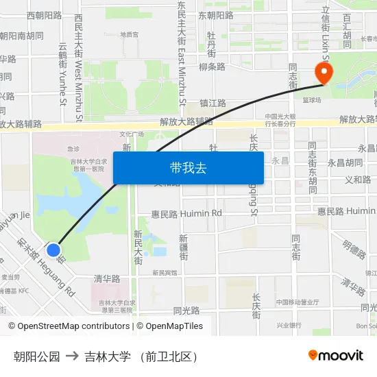 朝阳公园 to 吉林大学 （前卫北区） map