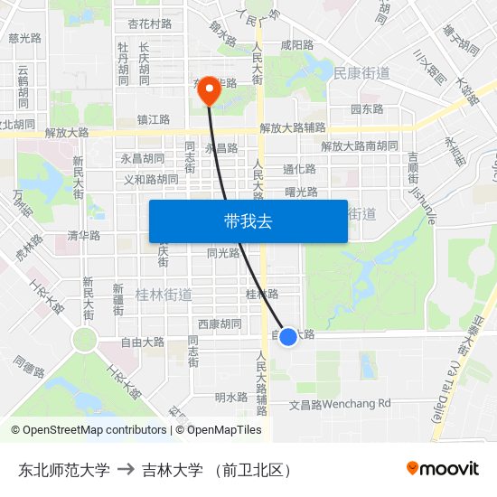 东北师范大学 to 吉林大学 （前卫北区） map