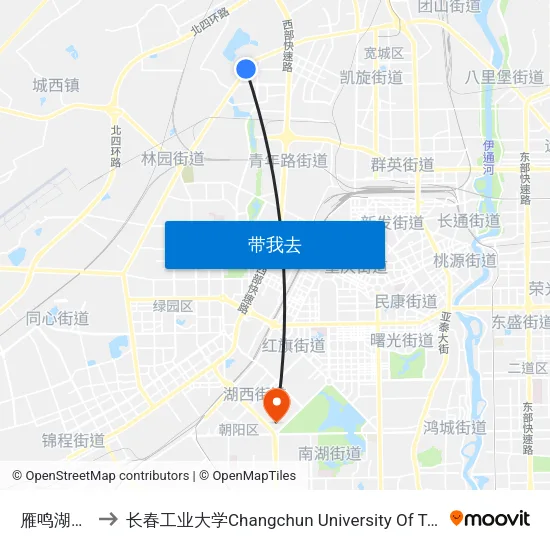 雁鸣湖山庄 to 长春工业大学Changchun University Of Technology map