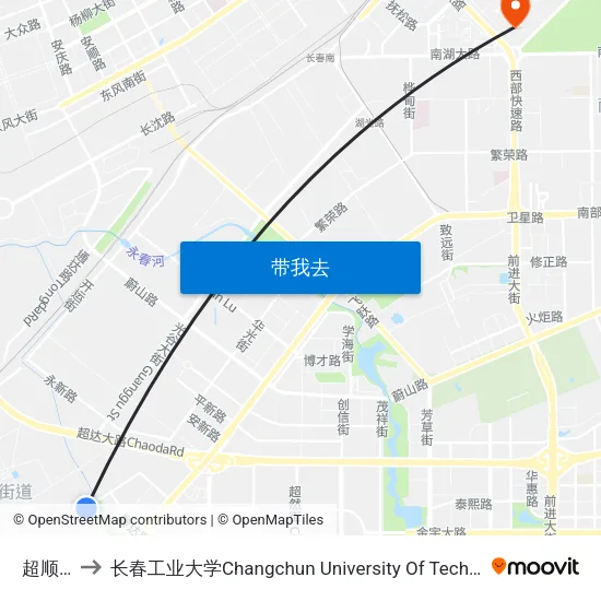 超顺街 to 长春工业大学Changchun University Of Technology map