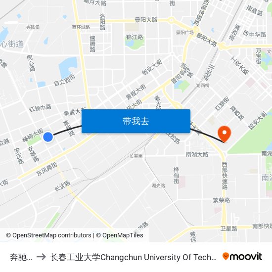 奔驰路 to 长春工业大学Changchun University Of Technology map