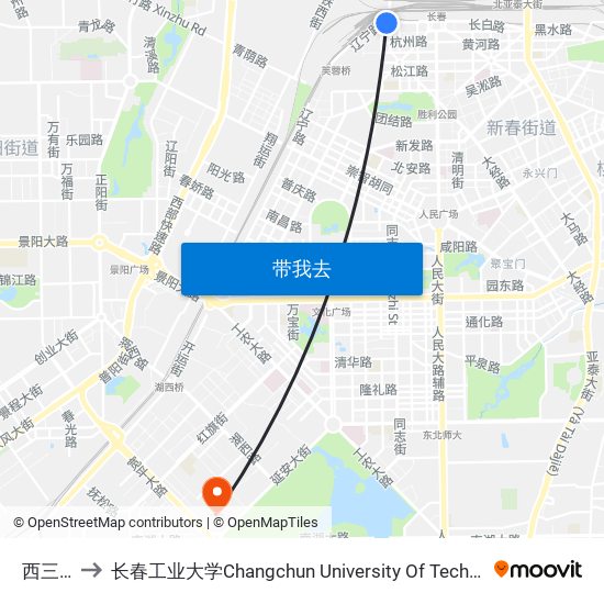 西三条 to 长春工业大学Changchun University Of Technology map