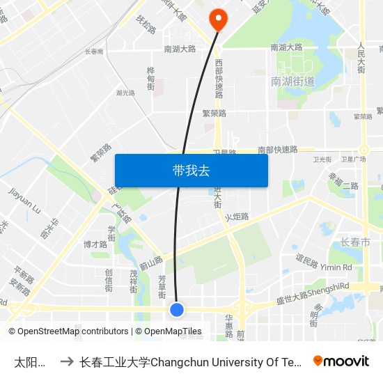 太阳世家 to 长春工业大学Changchun University Of Technology map