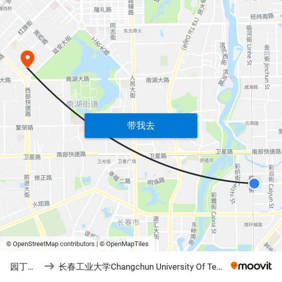 园丁花园 to 长春工业大学Changchun University Of Technology map