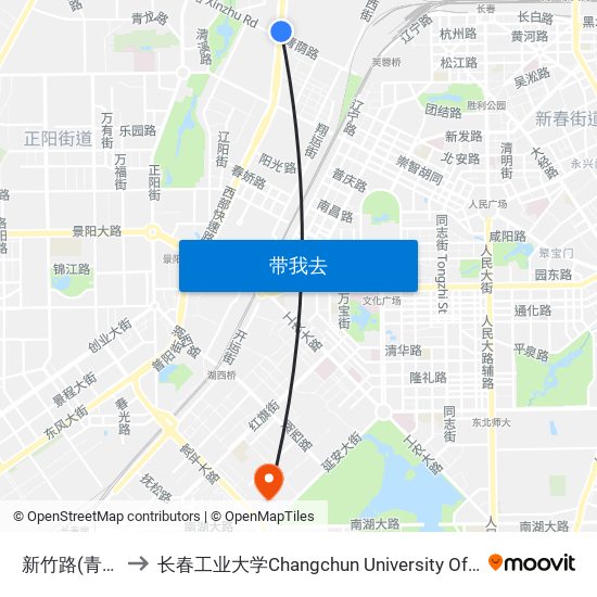 新竹路(青年路) to 长春工业大学Changchun University Of Technology map