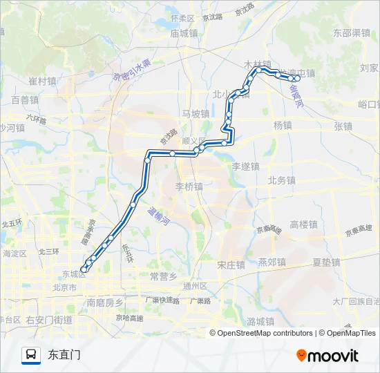 公交东直门-焦庄户专路的线路图