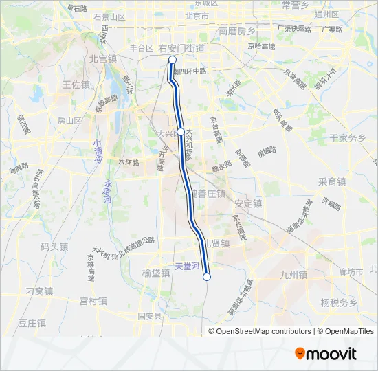 地铁大兴机场 DAXING AIRPORT EXPRESS路的线路图