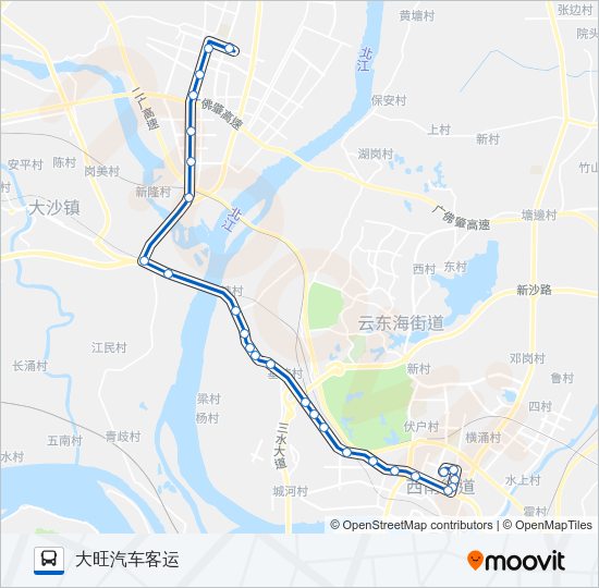 公交三水广场--肇庆大旺专路的线路图