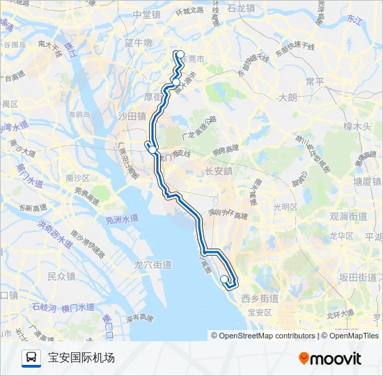 公交机场巴士东莞城市候机楼路的线路图