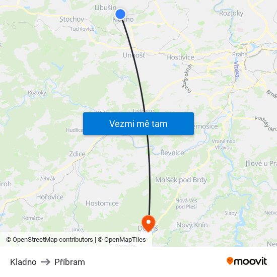 Kladno to Příbram map