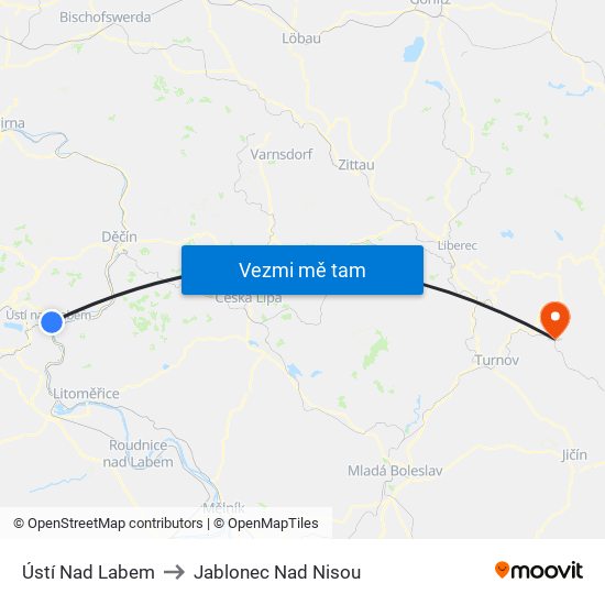 Ústí Nad Labem to Jablonec Nad Nisou map