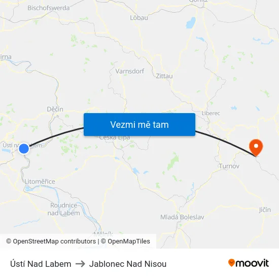 Ústí Nad Labem to Jablonec Nad Nisou map