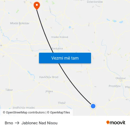 Brno to Jablonec Nad Nisou map