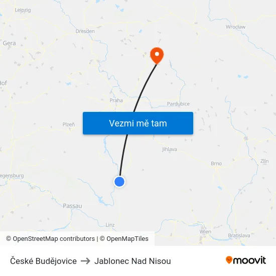 České Budějovice to Jablonec Nad Nisou map