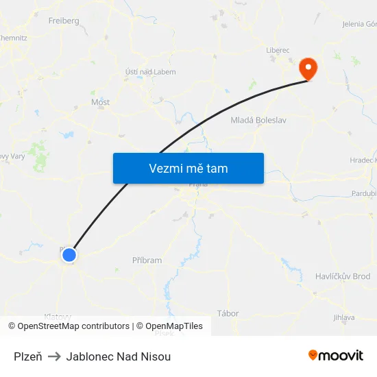 Plzeň to Jablonec Nad Nisou map