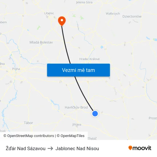 Žďár Nad Sázavou to Jablonec Nad Nisou map