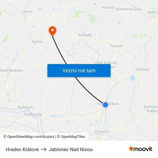 Hradec Králové to Jablonec Nad Nisou map