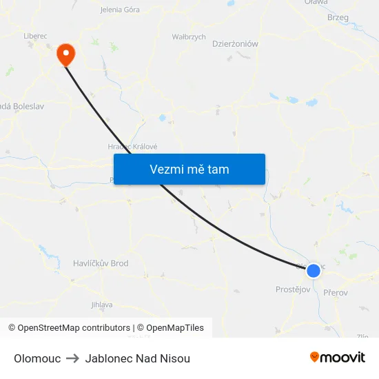 Olomouc to Jablonec Nad Nisou map