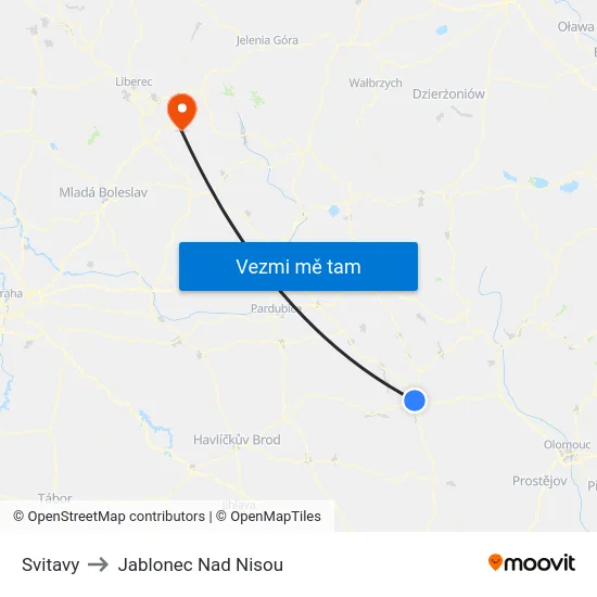 Svitavy to Jablonec Nad Nisou map