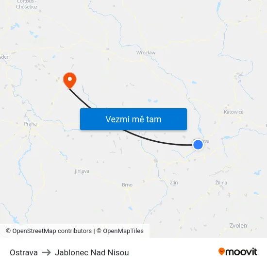 Ostrava to Jablonec Nad Nisou map