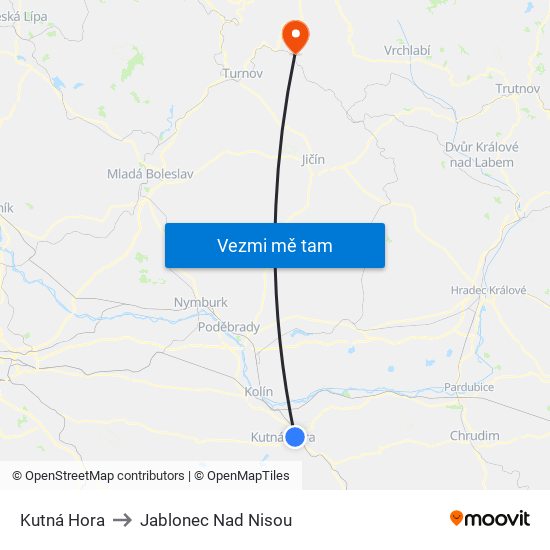 Kutná Hora to Jablonec Nad Nisou map