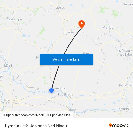 Nymburk to Jablonec Nad Nisou map