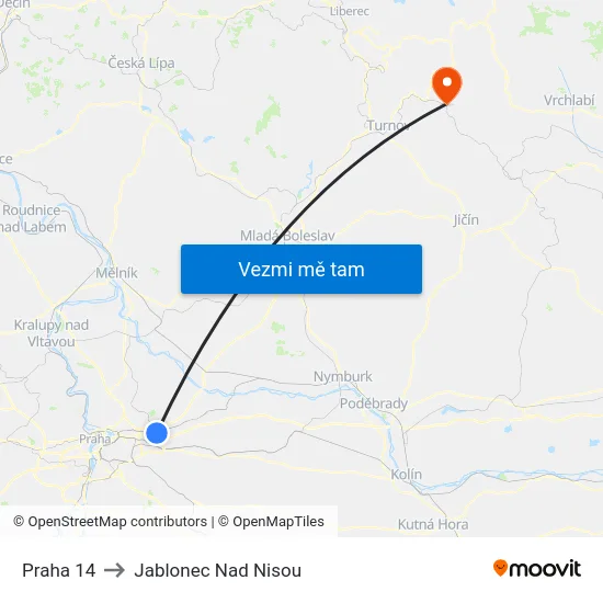 Praha 14 to Jablonec Nad Nisou map