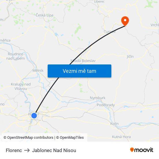 Florenc to Jablonec Nad Nisou map