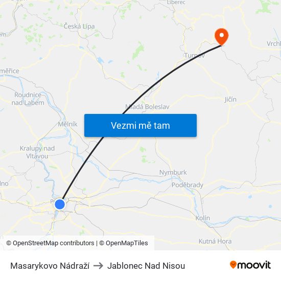 Masarykovo Nádraží (D) to Jablonec Nad Nisou map