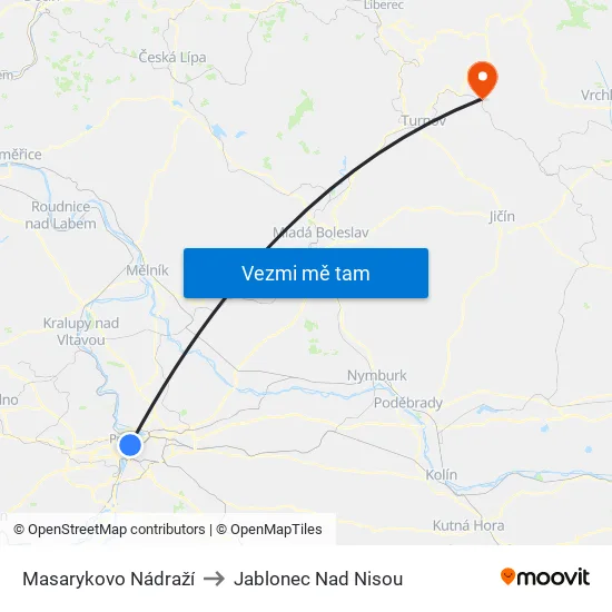 Masarykovo Nádraží to Jablonec Nad Nisou map