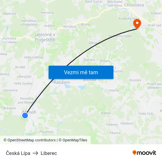 Česká Lípa to Liberec map