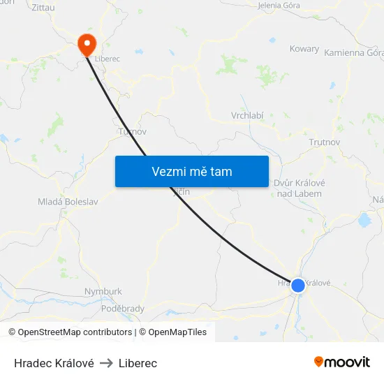 Hradec Králové to Liberec map