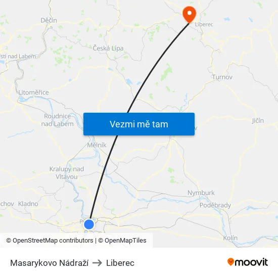 Masarykovo Nádraží to Liberec map