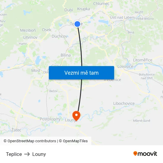 Teplice to Louny map