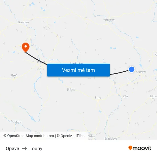 Opava to Louny map