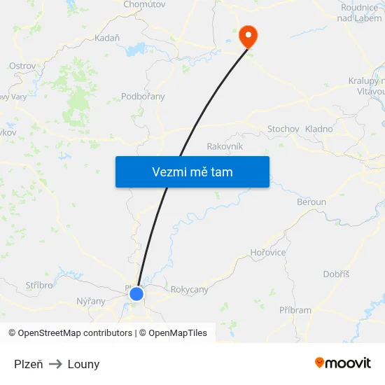Plzeň to Louny map
