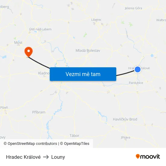 Hradec Králové to Louny map