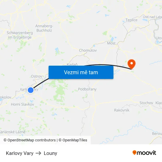 Karlovy Vary to Louny map