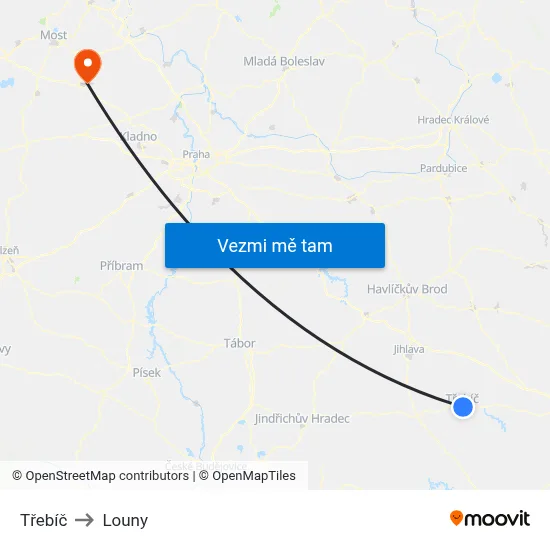 Třebíč to Louny map