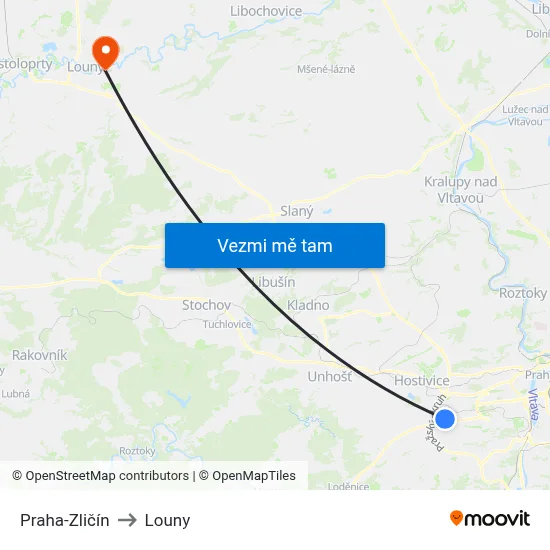 Praha-Zličín to Louny map