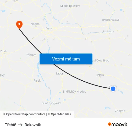 Třebíč to Rakovník map