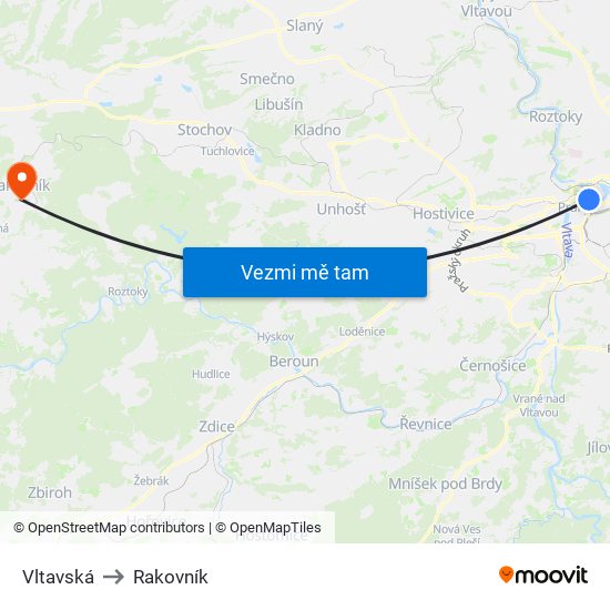 Vltavská (A) to Rakovník map